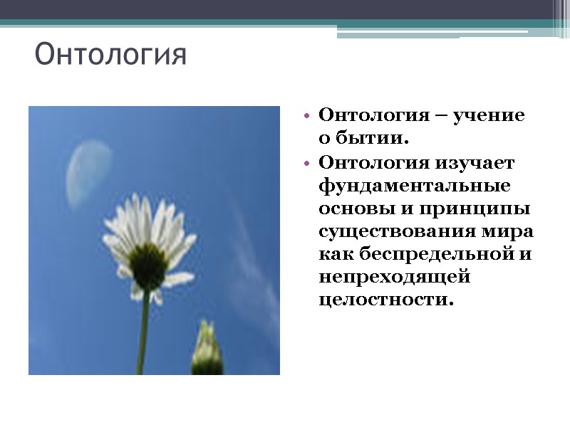 Онтология Онтология – учение о бытии. Онтология изучает фундаментальные основы и принципы существования мира